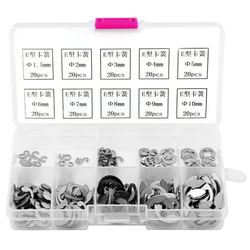 200pcs Bague de Retenue pour Bague E-clip en Acier Inoxydable 304, ensemble de bague de retenue externe en acier inoxydable M1.5