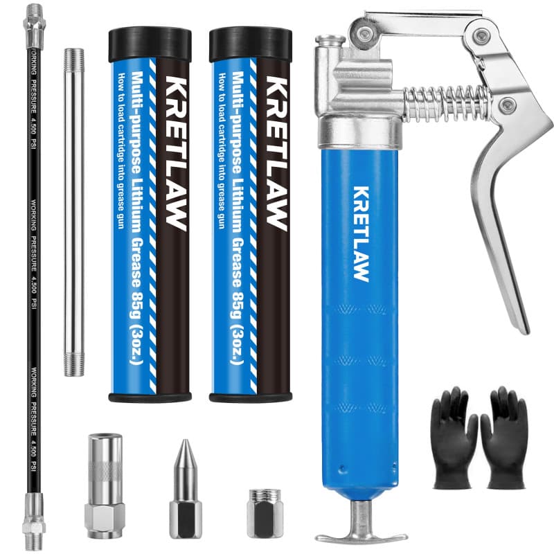 KRETLAW Kit de Mini Graisseuse, Petite graisseuse (3000 PSI) avec Graisse en Cartouche Double 85G et Flexible de 305 mm, couplag