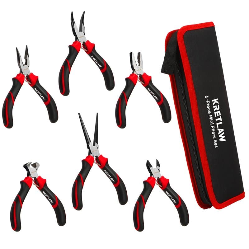 KRETLAW Lot de 6 mini pinces Linesman, nez long, pince à bec, pince à bec long, pince à bec courbe, coupe-fil et pince coupante,