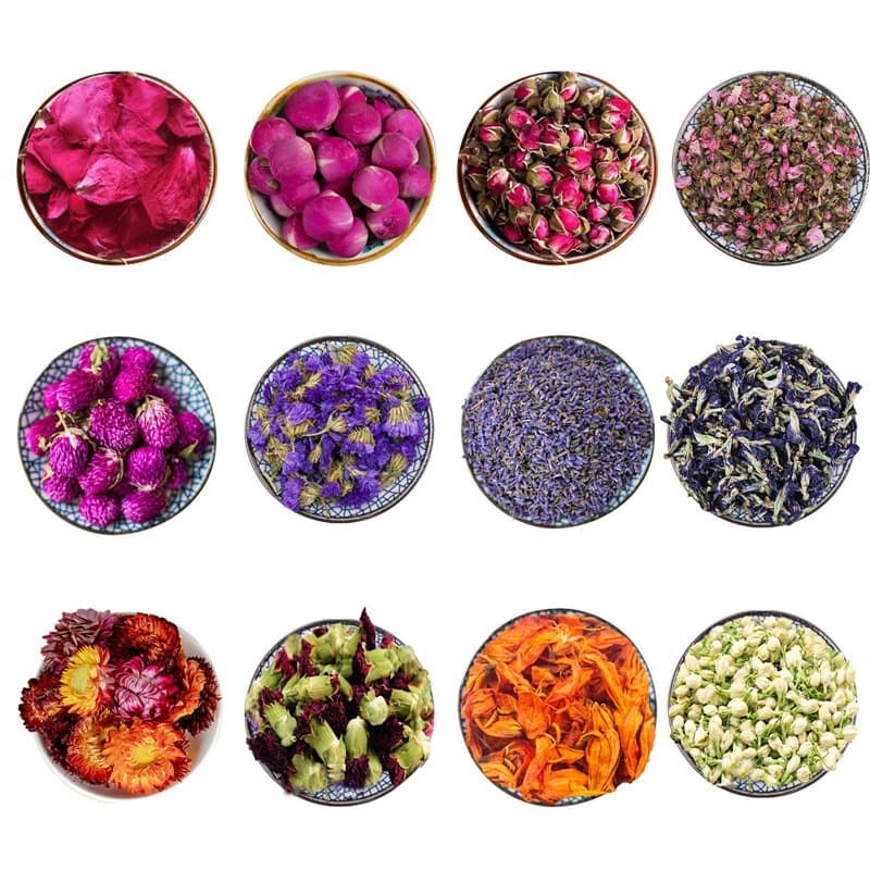 CoolCrafts 12 Sac Fleurs Séchées Naturelles Fleur Séchées pour Bougie Savon, Boutons de Roses Séchés Fleur Jasmin