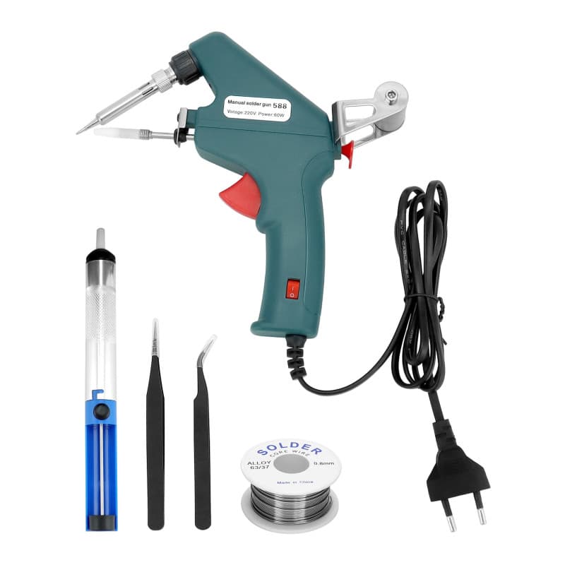 QWORK® Kit de fer à souder, Pistolet à souder 60W avec fil à souder Ø1mm, pompe à dessouder et 2 pince àépiler, Chauffage rapide