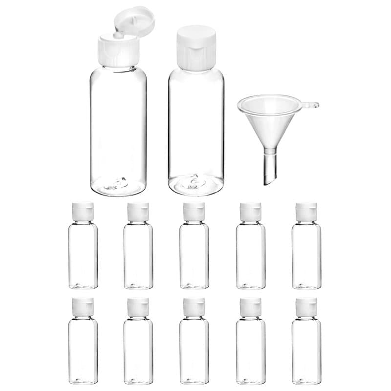 QWORK® Lot de 12 flacons de voyage de 50 ml, mini bouteille plastique, transparents, avec petit entonnoir pour shampooing, gel d