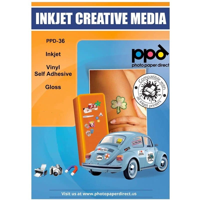 PPD A4 x 20 Films Autocollants Personnalisables, Fini Brillant, Revêtement Microporeux pour Impression Photo, Jet d'Encre, Stick