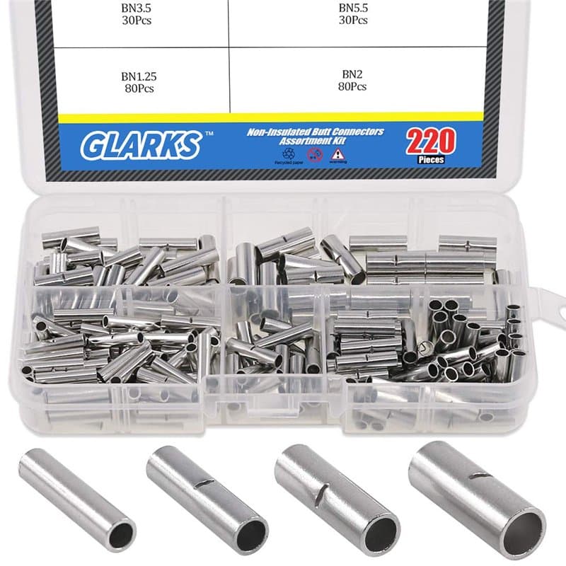 Glarks 220 pcs non isolés Connecteurs Butt Assortiment kit, 22–16/16–14/14–12/12–10 AWG Calibre sans fil électrique non isolés V