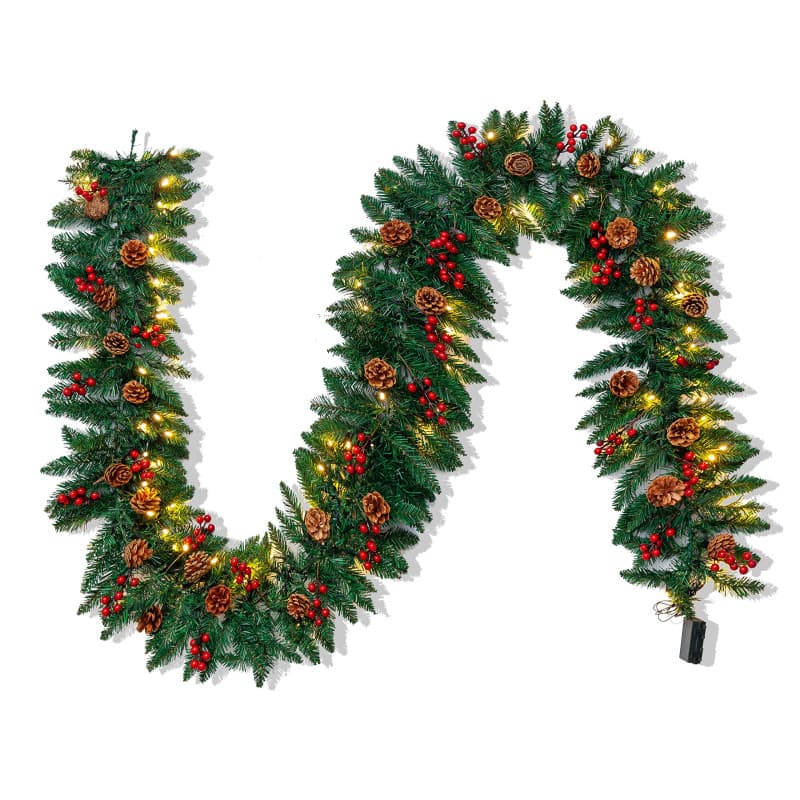 Joiedomi Guirlande de Noël Artificielle 9 Pieds avec 100 Lumières LED, 27 Pommes de Pin, 27 Baies Rouges pour Décorations de Noë