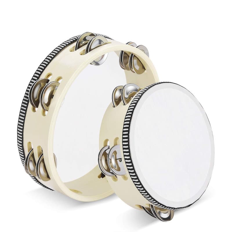 Flexzion Lot de 2 tambourins à main en bois – 20,3 + 15,2 cm avec grelot en métal à double rangée (bois) – Tambourin à percussio