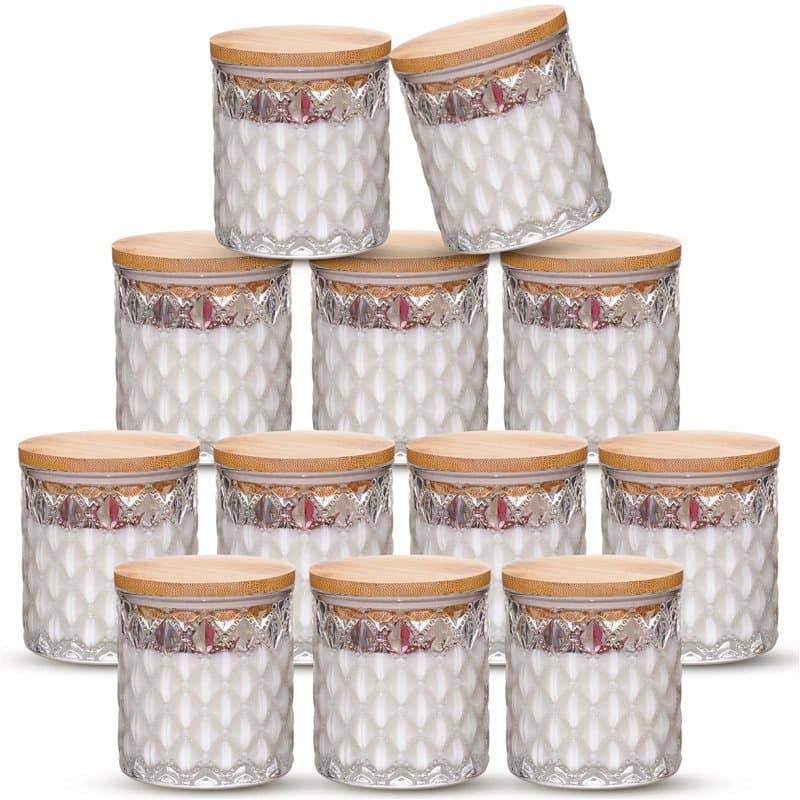 NiHome Lot de 12 bocaux en verre gaufré avec couvercles en bambou pour la fabrication de bougies votives, le rangement domestiqu