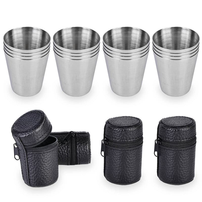 Verre à Shot en Acier Inoxydable, 16 Pcs 30 ml Mini Gobelet Inox Camping Verres à Liqueur vec 4 Pcs Étui en Cuir, Tasses à Lique