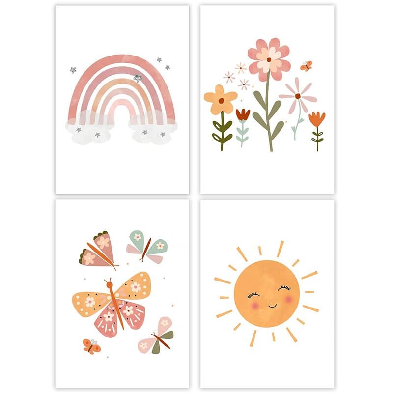 Vegena Lot de 4 tableaux pour chambre d'enfant et fille,Décoration pour chambre d'enfant,Arc-en-ciel soleil, nuage, fleurs et pa