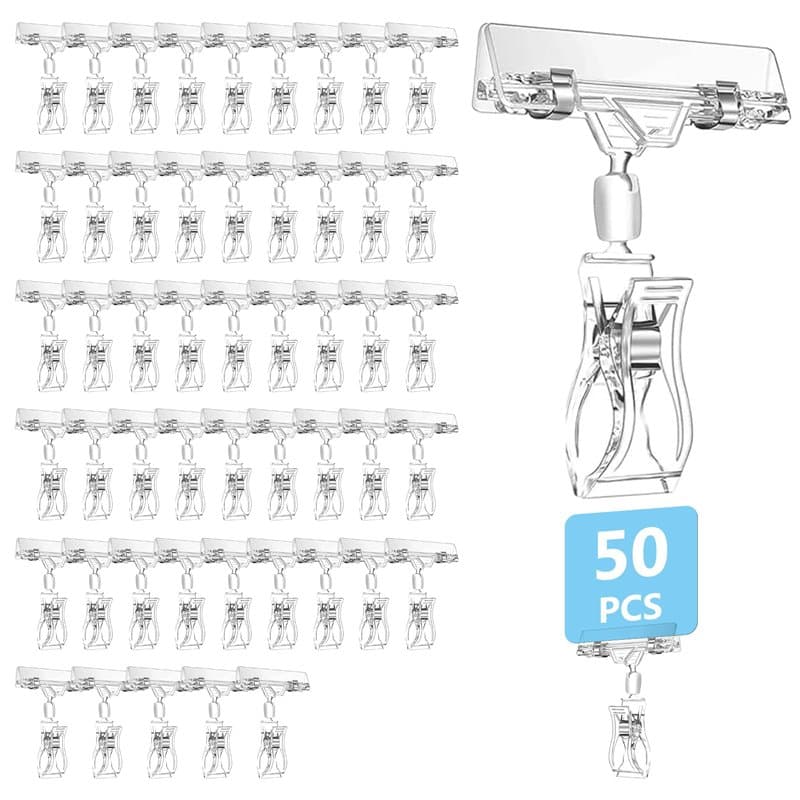 Lot de 50 supports d'étiquettes de prix, clip de marchandise, support de panneau de marchandise, support rotatif en plastique, s