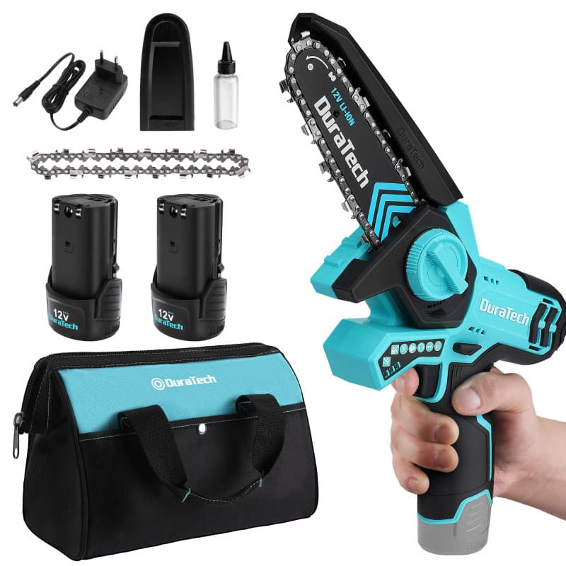 DURATECH Mini Tronçonneuse à Batterie 5 Pouces, 12V Scie Électrique Sans Fil avec 2 Batteries et 2 Chaînes, Idéale pour la Coupe