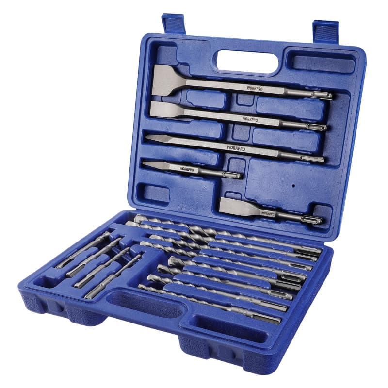 WORKPRO Jeu de Forets et Burins SDS Plus 17 Pièces, Ensemble de Forets à Béton avec Burins Pointus et Plats pour Brique, Ciment,