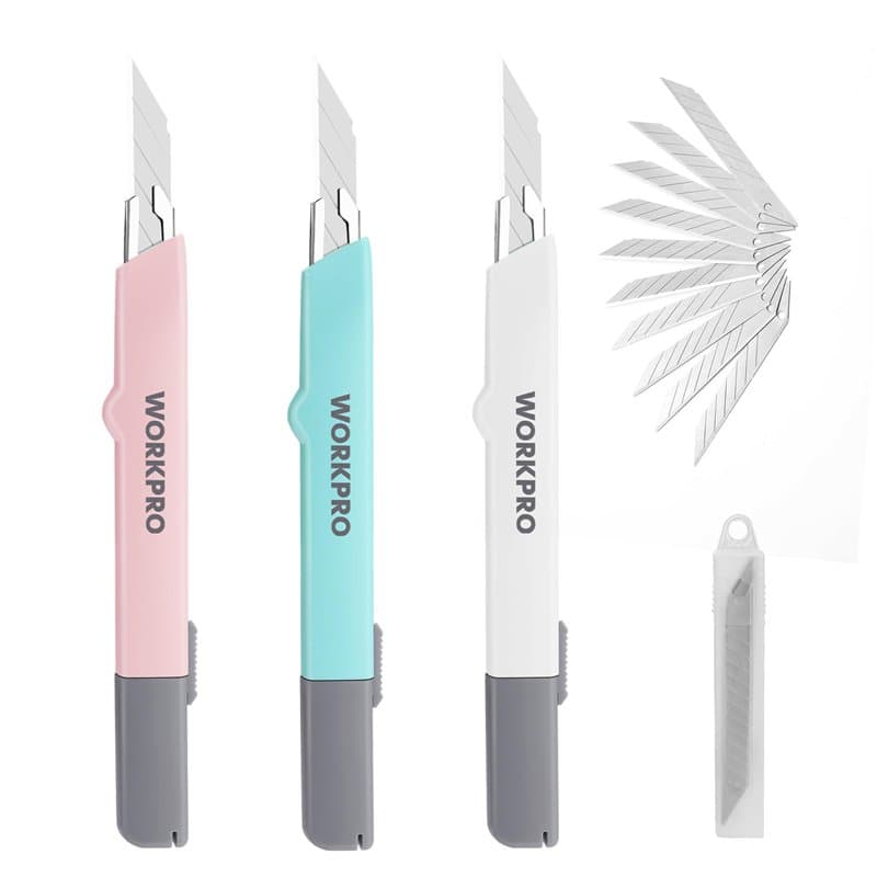 WORKPRO Lot de 3 Cutters Professionnels, Couteau Utilitaire Rétractable 9mm, Positions de Verrouillage, Cuter Rétractable, 10 La