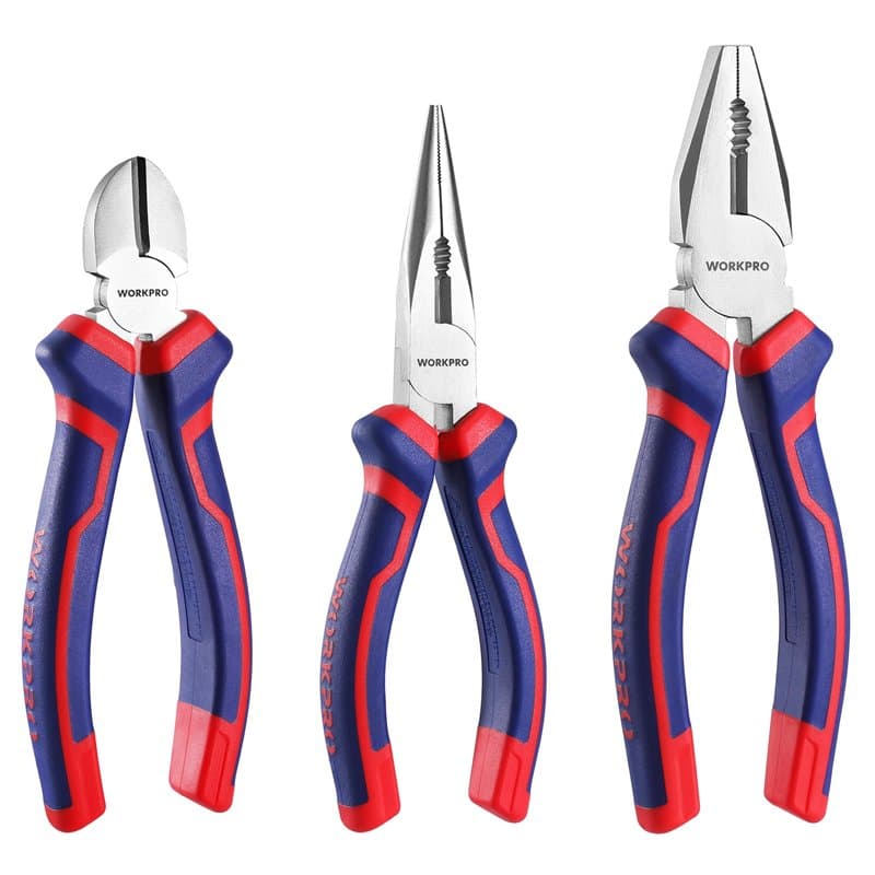 WORKPRO Jeu de 3 Pinces en Acier au Carbone de Qualité avec Poignée Souple, Pince à Bec Long 160mm, Pince Coupante 160mm, Pince