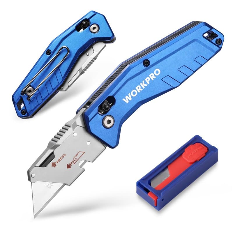 WORKPRO Cutter Professionnel Pliant, Cutter Utilitaire avec Mécanisme de Changement Rapide, Poignée en Alu Antidérapant, 10 Lame