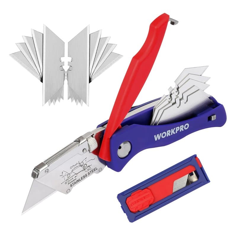 WORKPRO Cutter Professionnel Pliant avec Mécanisme de Changement Rapide, 5 Lames Trapèzes Supplémentaires dans Poignée, et 10 La
