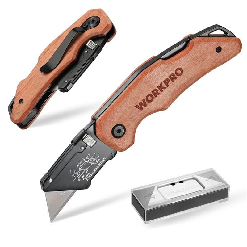 WORKPRO Cutter Utilitaire avec Mécanisme de Changement Rapide, Manche en Bois, Cutter Professionnel Pliant avec 10 Lames SK5 Sup