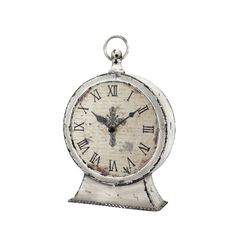 Stonebriar Horloge de Table avec Chiffres Romains et Finition Antique, métal, Blanc usé, 33 cm