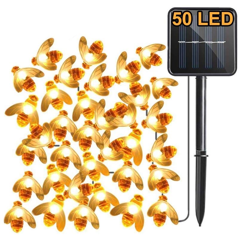 Solaire Lumières de jardin, 7M 50LED Abeille, 8 modes Guirlande lumineuse, IP65 étanche Lumière d'extérieure, Énergie solaire Éc