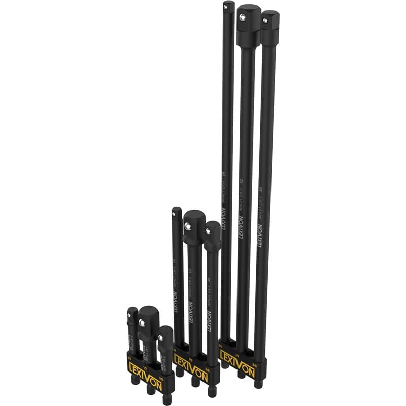 Jeu de 9 adaptateurs porte douille 3" 6" 12"= 7.5 15 et 30cm long, Entraînement 6 pans (1/4" = 6,35, 1/2" = 9.5, 3/8" = 12,7mm)