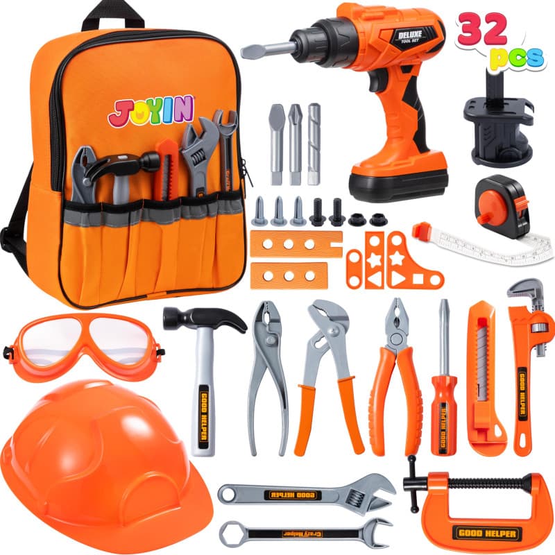 JOYIN – Lot de 32 outils de construction pour enfants, sac à dos avec perceuse électrique, casque, accessoires pour jouer à fair