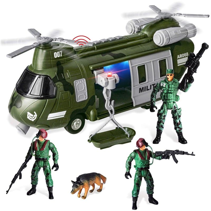 JOYIN Véhicules Militaires Ensemble de Jouets d'Hélicoptère de Transport à Friction avec Sirène Lumineuse et Sonore, et Soldat A
