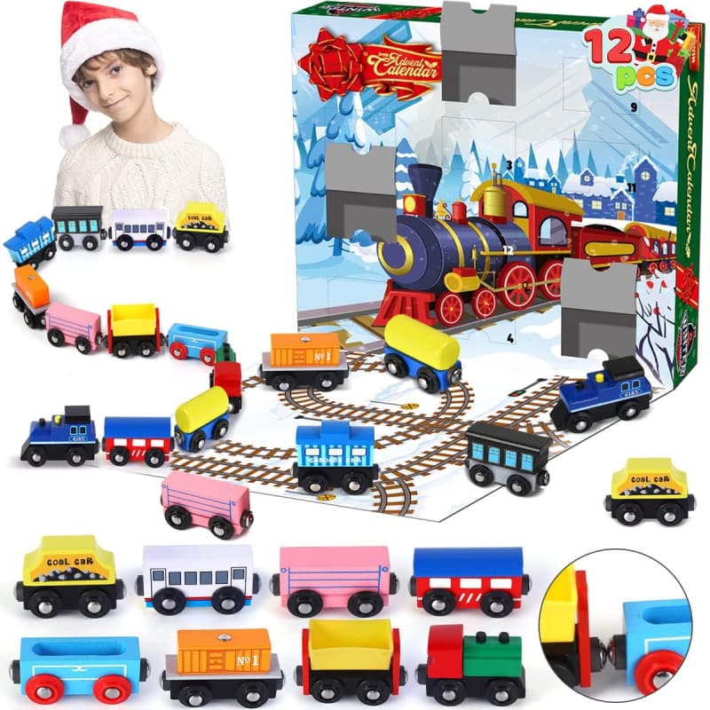 JOYIN Calendrier de l'Avent de Noël 2023, compte à rebours de 12 jours avec 12 wagons de train en bois, ensembles de trains magn