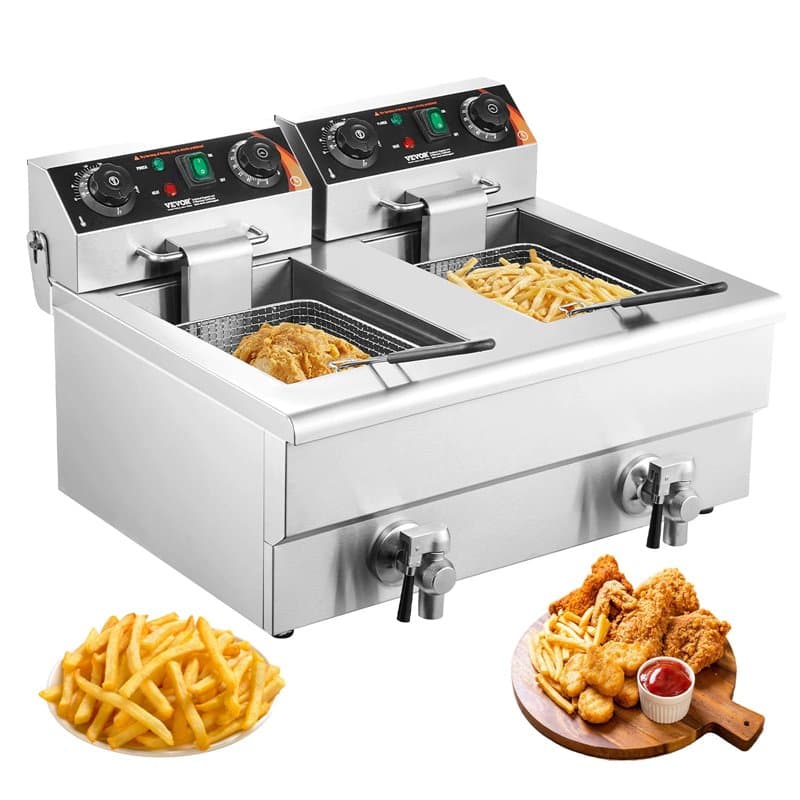 VEVOR Friteuse Électrique Commerciale 2 Cuves de 12 L 6000 W Friteuse à Huile en Inox avec 2 Paniers à Frire Température et Temp