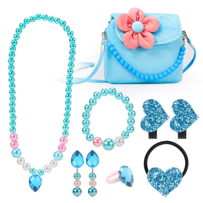 Hifot Bijoux Enfants Petites Filles Sac à Main en Peluche Collier Bracelet Boucles d'oreilles Bague Pinces à Cheveux Set, Robe P