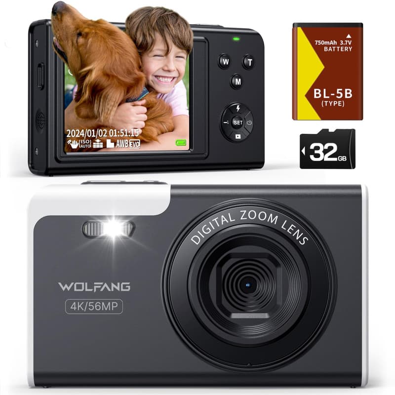 WOLFANG Appareil Photo numérique, caméra 4K pour Enfants, compacte 56 MP, vidéo Zoom numérique 16X, Point de Mise au Point Autom