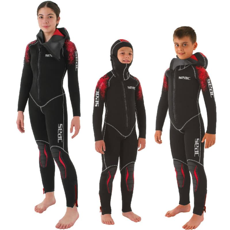 SEAC First Combinaison de plongée avec Capuche intégrée pour Enfants et Adolescents, Néoprène 5 mm Unisexe-Youth, Noir/Rouge, 11