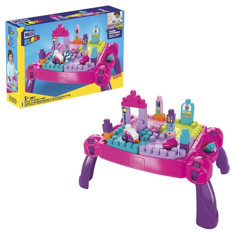 Mega Bloks La Table d'apprentissage Rose avec Blocs de Construction et 2 véhicules, 30 pièces, Jouet pour bébé et Enfant de 1 à