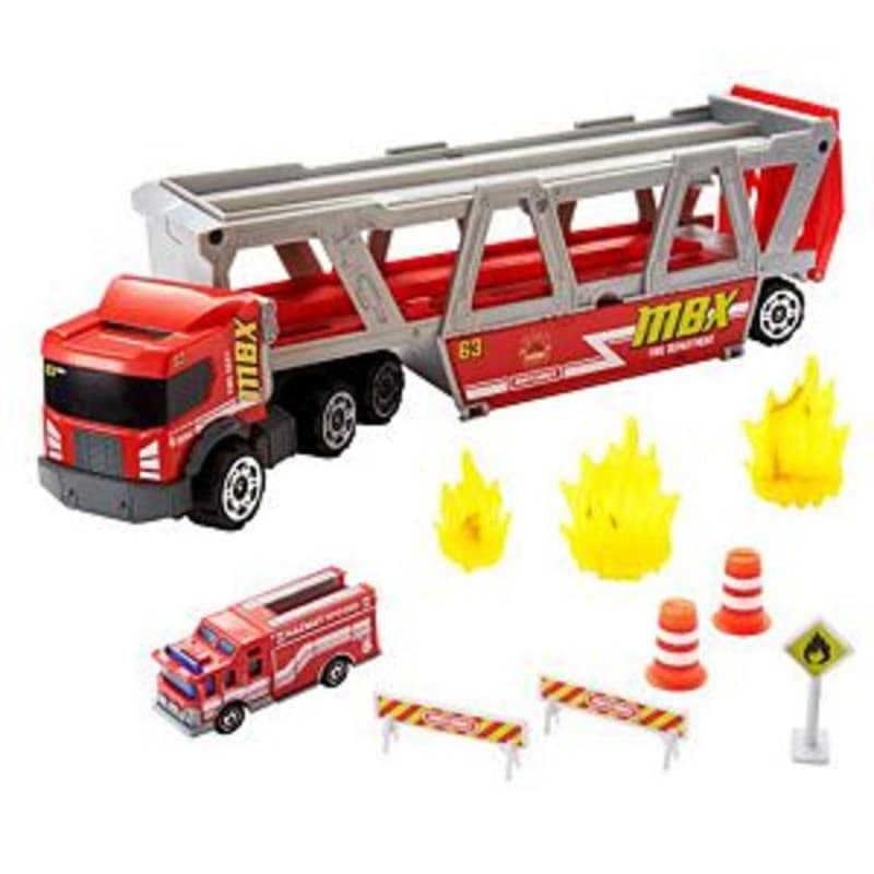 Matchbox Transporteur de véhicules de secours pouvant contenir 16 voitures, camion de pompier et 8 accessoires inclus, jouet pou