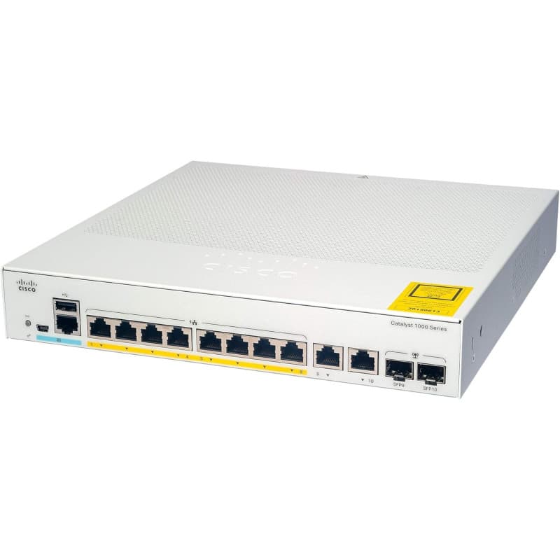 Commutateur réseau Cisco Catalyst 1000-8FP-E-2G-L, 8 Ports GbE PoE+, consommation PoE 120 W, 2 Ports Combo 1G SFP/RJ-45, sans Ve