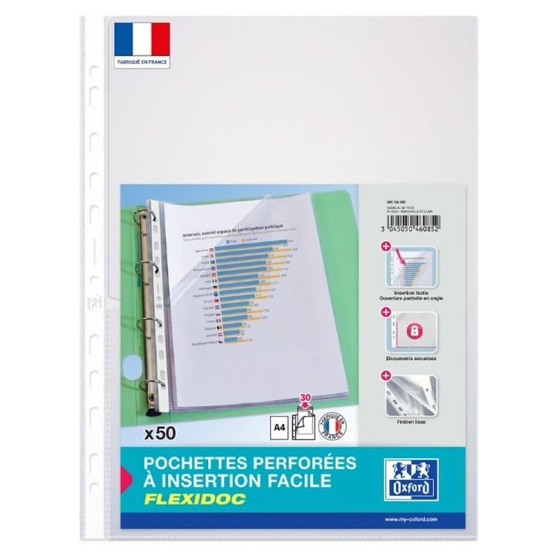 OXFORD Sachet de 50 Pochettes Perforées à Ouverture Latérale Flexidoc A4 Polypro Lisse Epaisseur 7/100ème Incolore