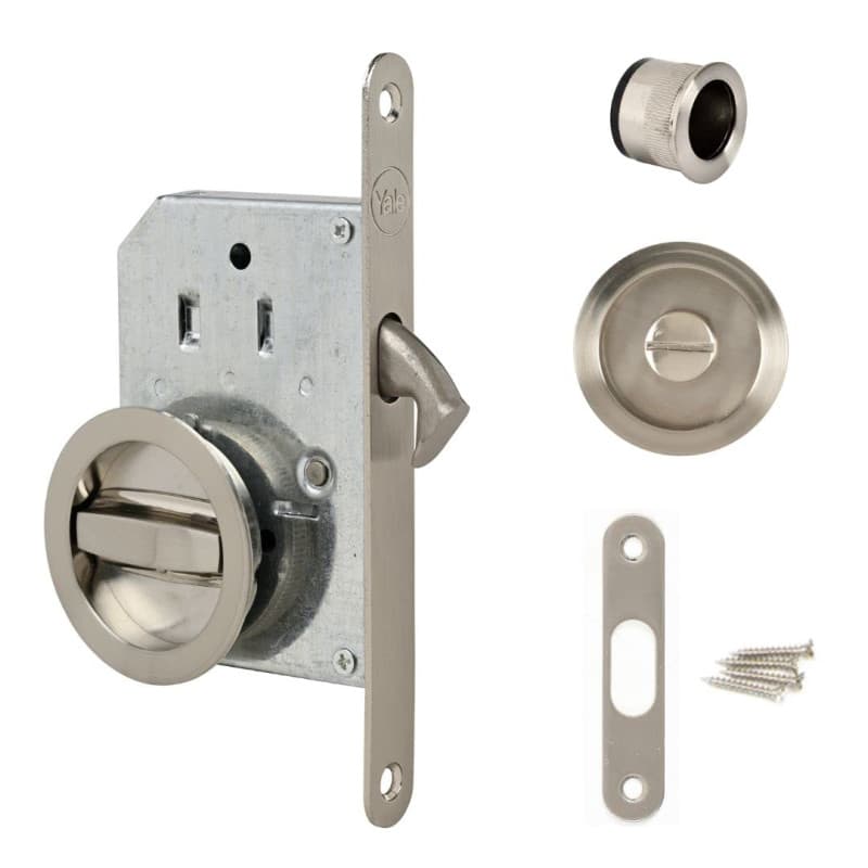 Yale Kit Serrure pour Porte Coulissante - Serrure à condamnation et Poignées cuvettes rondes encastrables - Ø intérieur poignées