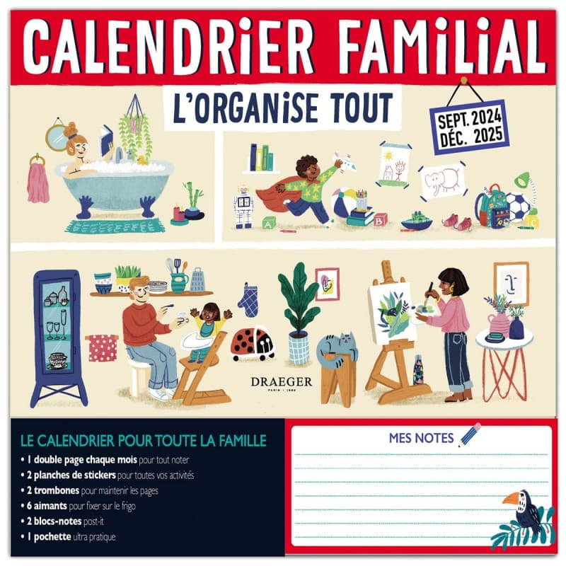 DRAEGER PARIS 1886 - Calendrier Familial 2024-2025 - 16 Mois - 28,5x28 cm - Organisation Hebdomadaire - 5 Colonnes - Menus & Cou