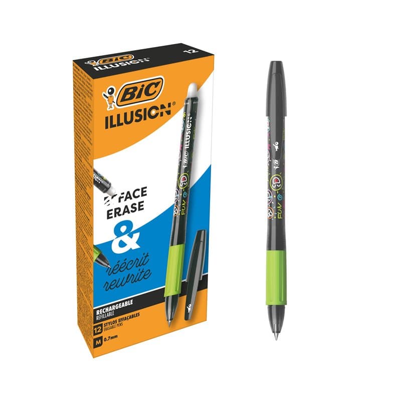 BIC Illusion Stylos-Bille Effaçables et Rechargeables à Pointe Moyenne (0,7 mm) - Noir, Boîte de 12