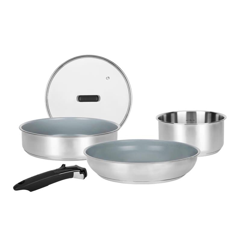 Sitram 716744 Batterie de Cuisine inox 5 pcs : 1 manche amovible, 1 casserole Ø18cm, 1 Poêle Ø28cm, 1 Sauteuse Ø24cm, 1 Couv ver