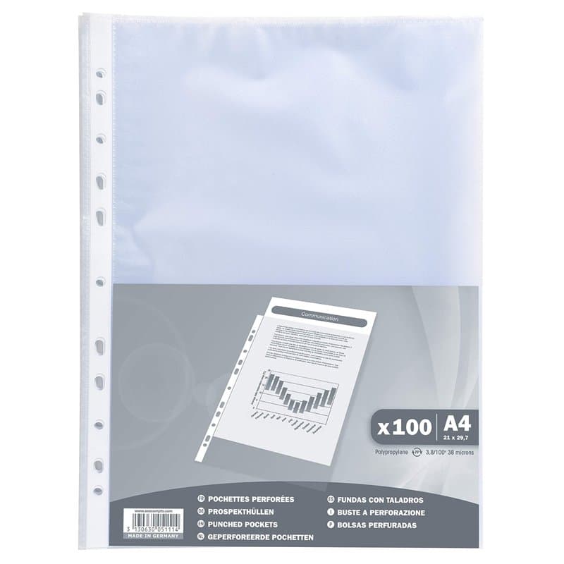 Exacompta - Réf. 5111E - Sachet de 100 pochettes perforées Economique en Polypropylène Grainé - Epaisseur 4/100ème - Perforation