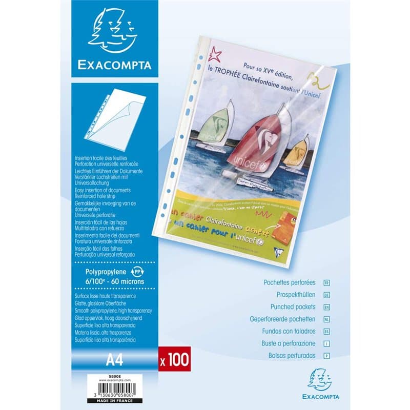 Exacompta - Réf. 5800E - Boîte de 100 pochettes perforées en Polypropylène lisse - Epaisseur 6/100ème - Ouverture haut et côté -