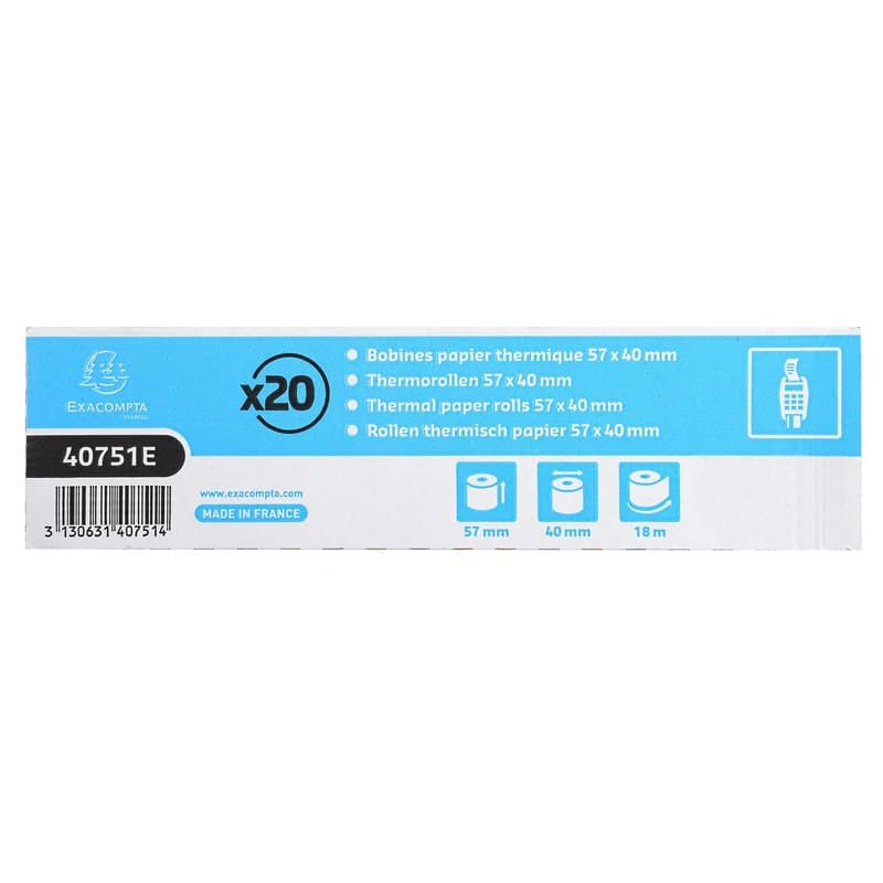 Exacompta - Réf. 40751E - Carton de 120 bobines pour tickets de carte bancaire - largeur 57mm x diamètre 40mm - mandrin 12mm - 1