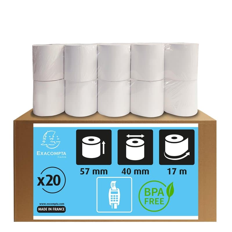 Exacompta - Réf. 5740100SE - Carton de 20 bobines pour tickets de carte bancaire - largeur 57 mm x diamètre 40 mm - mandrin 12 m