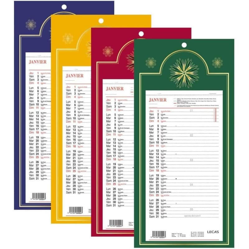 LECAS - 1 Plaque Calendrier Mensuel Long Classique - Janvier 2025 à Décembre 2025 - Dimension 16 x 33,3 cm - 4 coloris disponibl