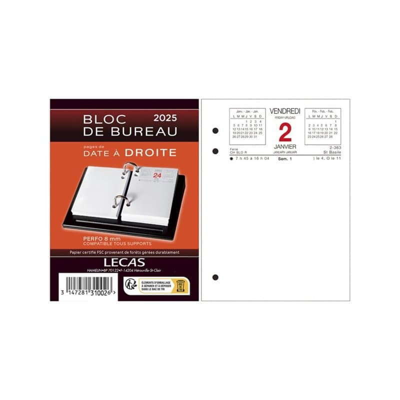 Calendrier Lecas Bloc Date A Droite 8,5X11,5 1Jour par Page 2025 Français