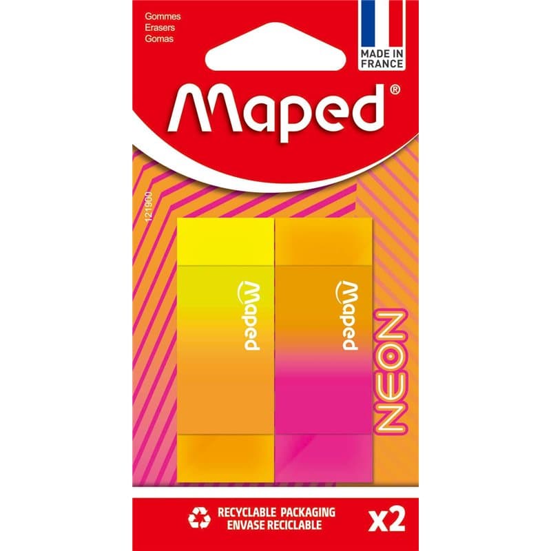 Maped - Gommes Neon Bi-Couleurs - Gomme Efficace, ne Laisse pas de Trace - Format Rectangle 22x12x61mm - 2 Gommes Néon