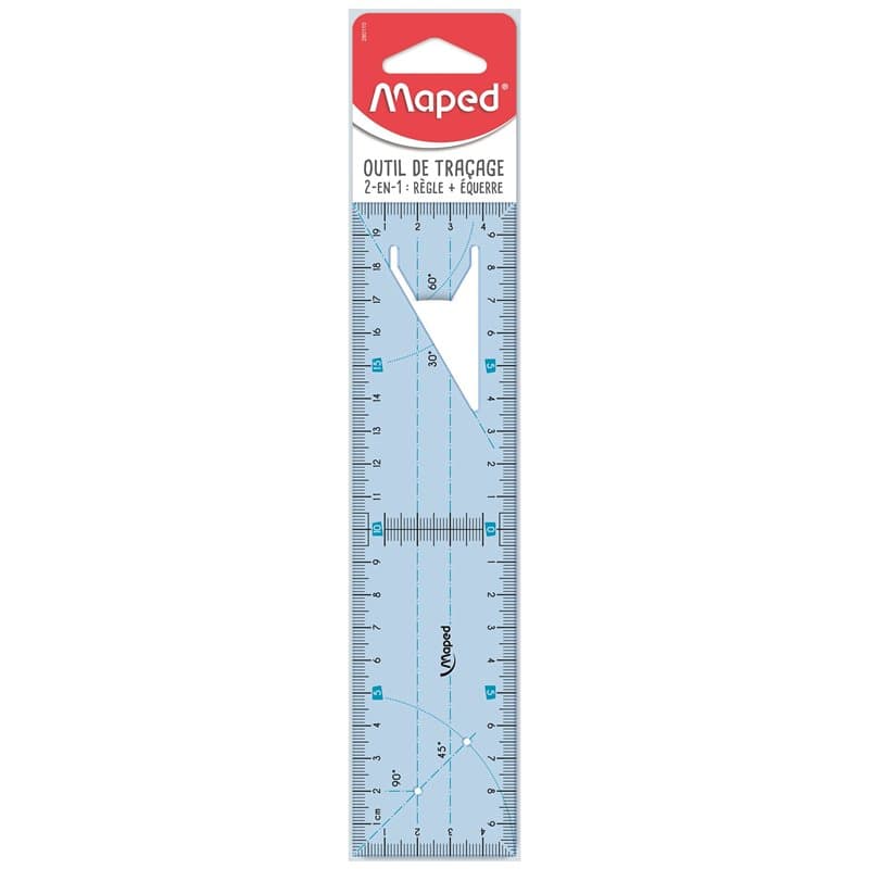 Maped - Outil de traçage 2 en 1 - Règle 20cm et Equerre 45° et 60° - Règle + Equerre Incassable - Facilite les Perpendiculaires