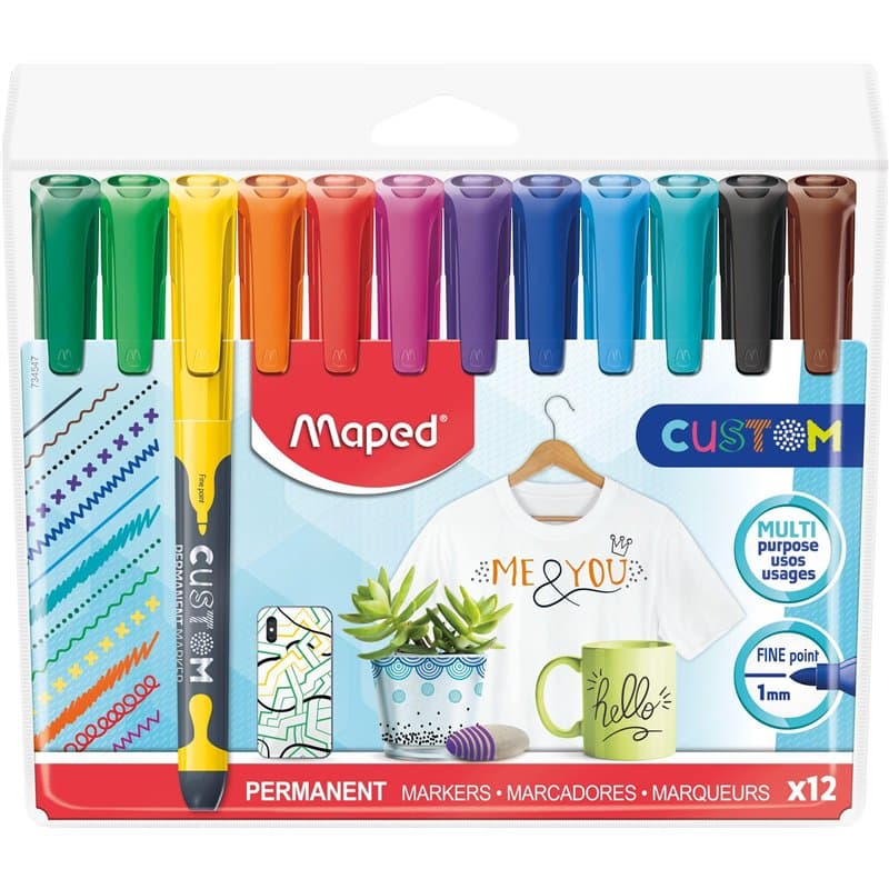 Maped Custom - Marqueur permanent fin pochette de 12 - Couleurs assorities - Pointe fine 2mm - Multi surface