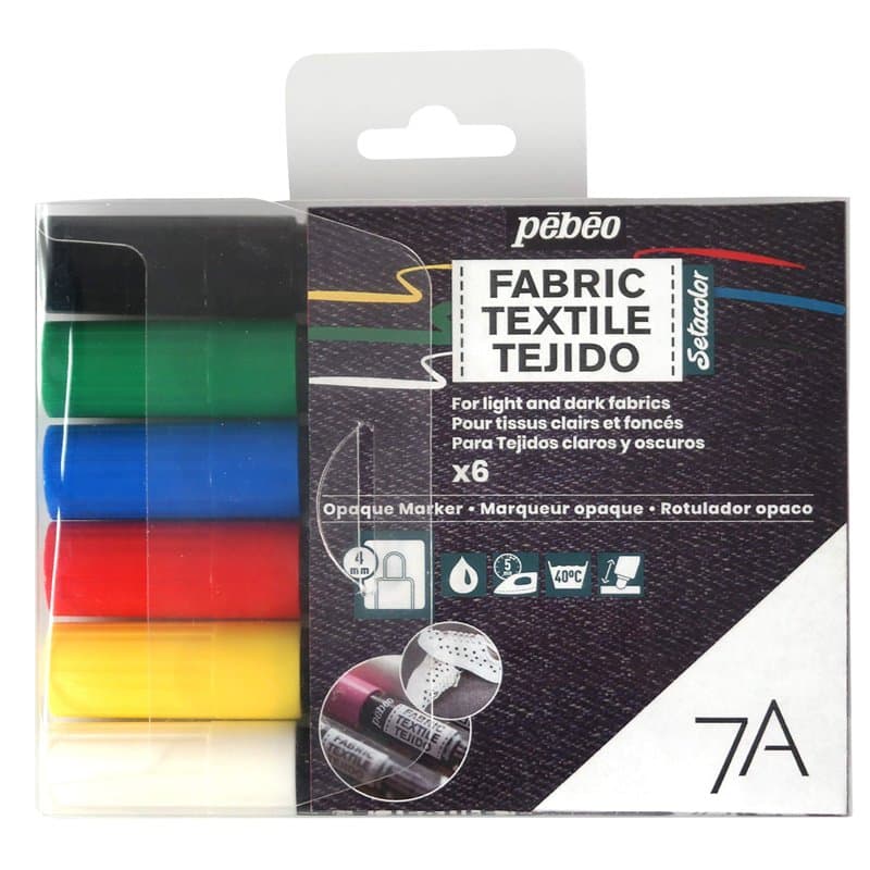 Pébéo - Set de 6 marqueurs spécial tissu et textiles foncés et opaques, Feutres pour tissus et textiles foncés et opaques, assor