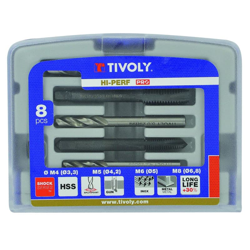 Coffret Tivoly 4 Tarauds Machines Gun Din 352 HSS M4 à M10 + 4 Forets métaux HSS